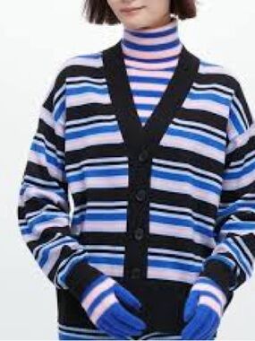 Marni Uniqlo Striped V-Neck Cardigan in Black, Blue & Pink